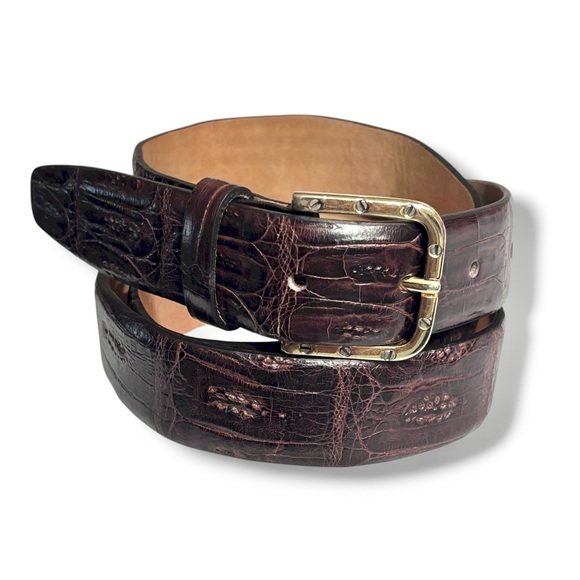 Dark Brown Italian Crocodile Leather Dress Belt Gold Screws Buckle Size 95cm
